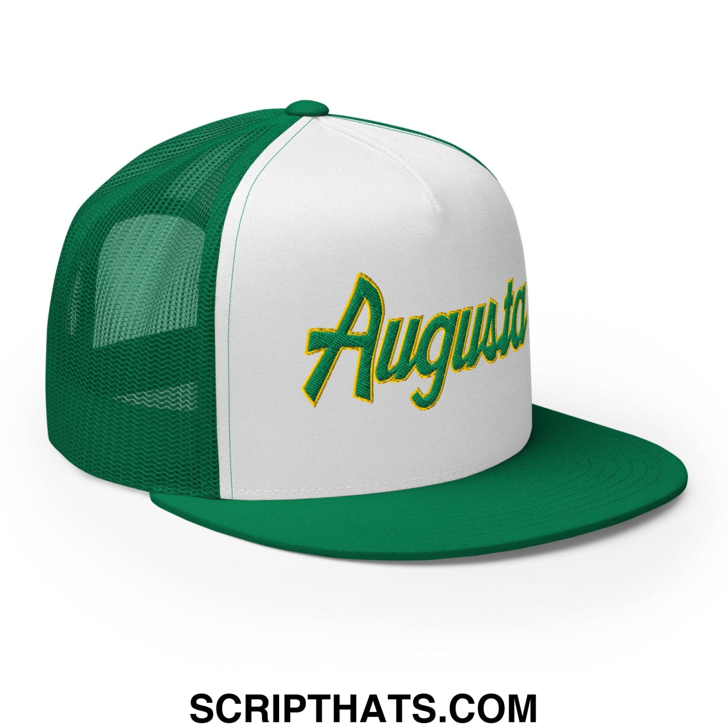 Augusta Vintage Sports Script Embroidered Flat Bill Brim Mesh Trucker Hat Kelly White Kelly
