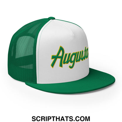 Augusta Vintage Sports Script Embroidered Flat Bill Brim Mesh Trucker Hat Kelly White Kelly
