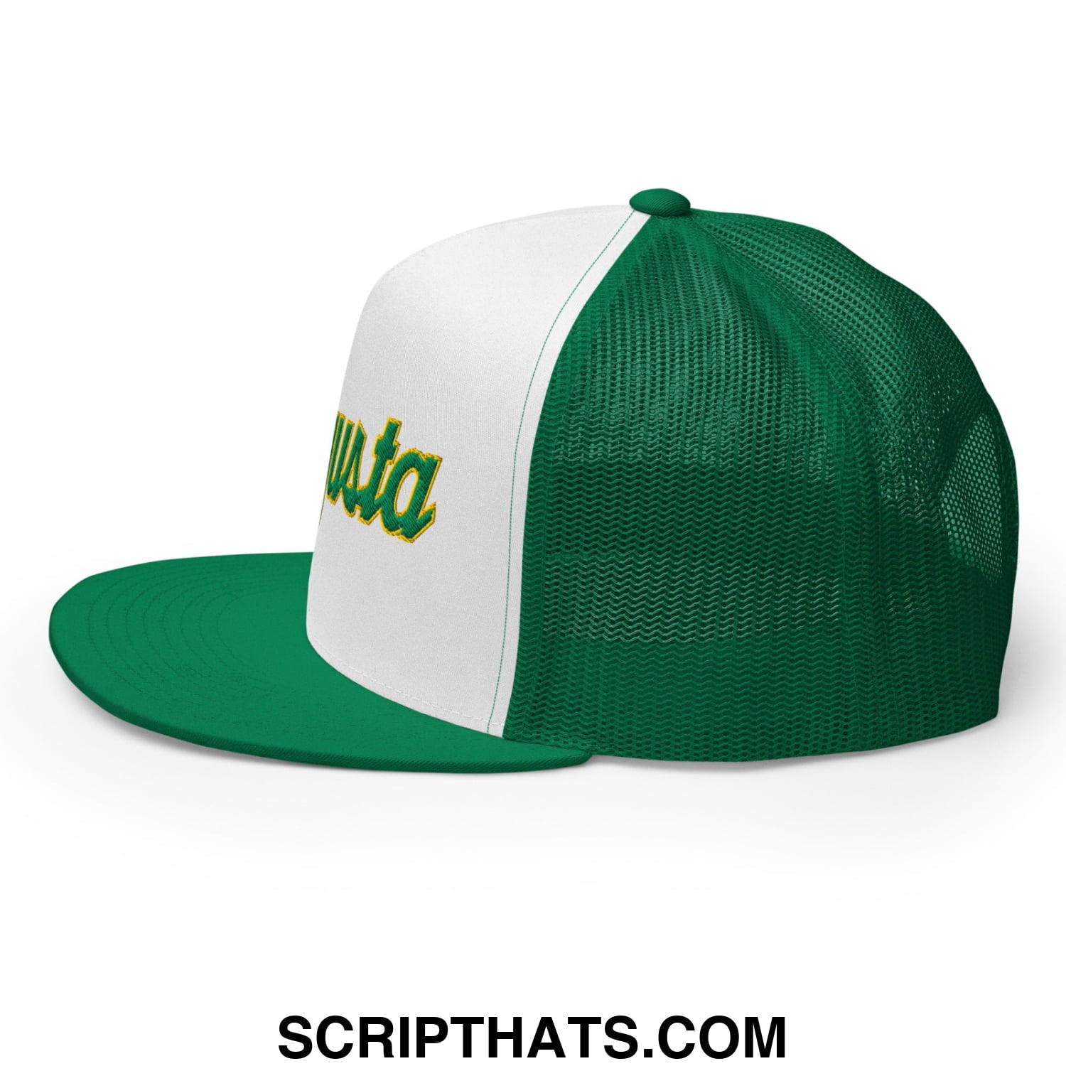 Augusta Vintage Sports Script Embroidered Flat Bill Brim Mesh Trucker Hat Kelly White Kelly