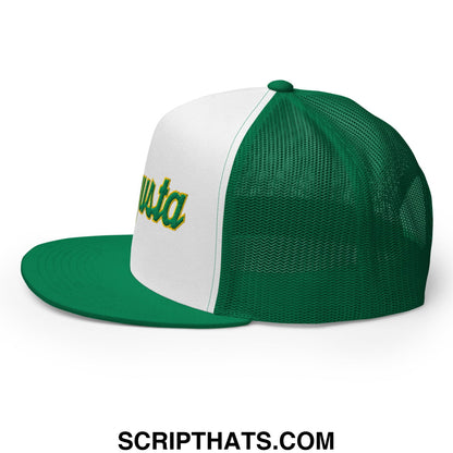 Augusta Vintage Sports Script Embroidered Flat Bill Brim Mesh Trucker Hat Kelly White Kelly