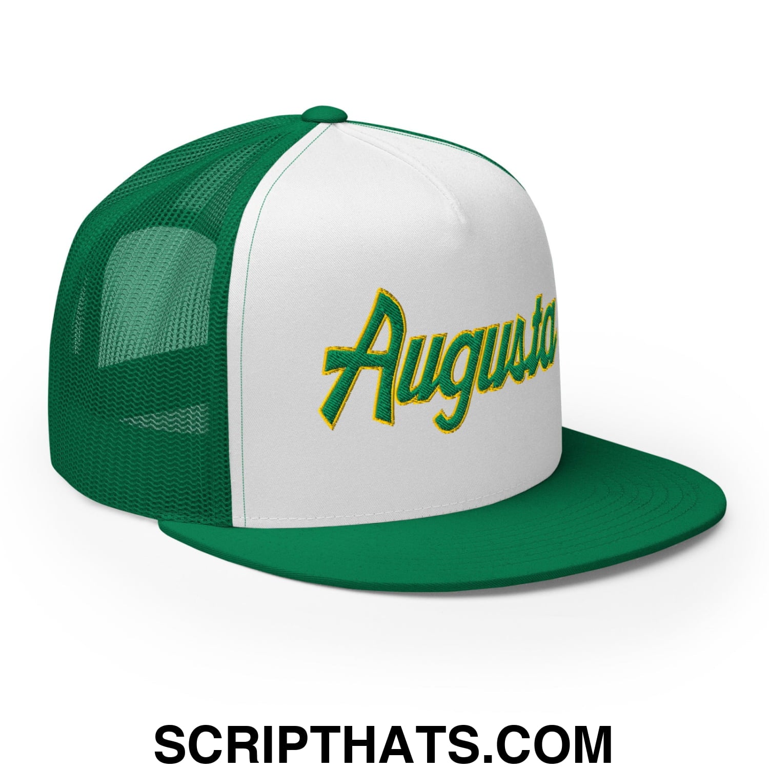 Augusta Vintage Sports Script Embroidered Flat Bill Brim Mesh Trucker Hat Kelly White Kelly