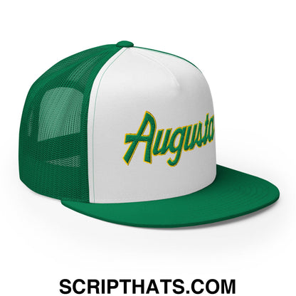 Augusta Vintage Sports Script Embroidered Flat Bill Brim Mesh Trucker Hat Kelly White Kelly