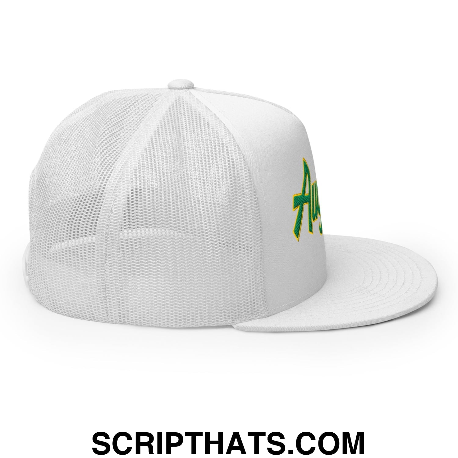 Augusta Vintage Sports Script Embroidered Flat Bill Brim Mesh Trucker Hat White