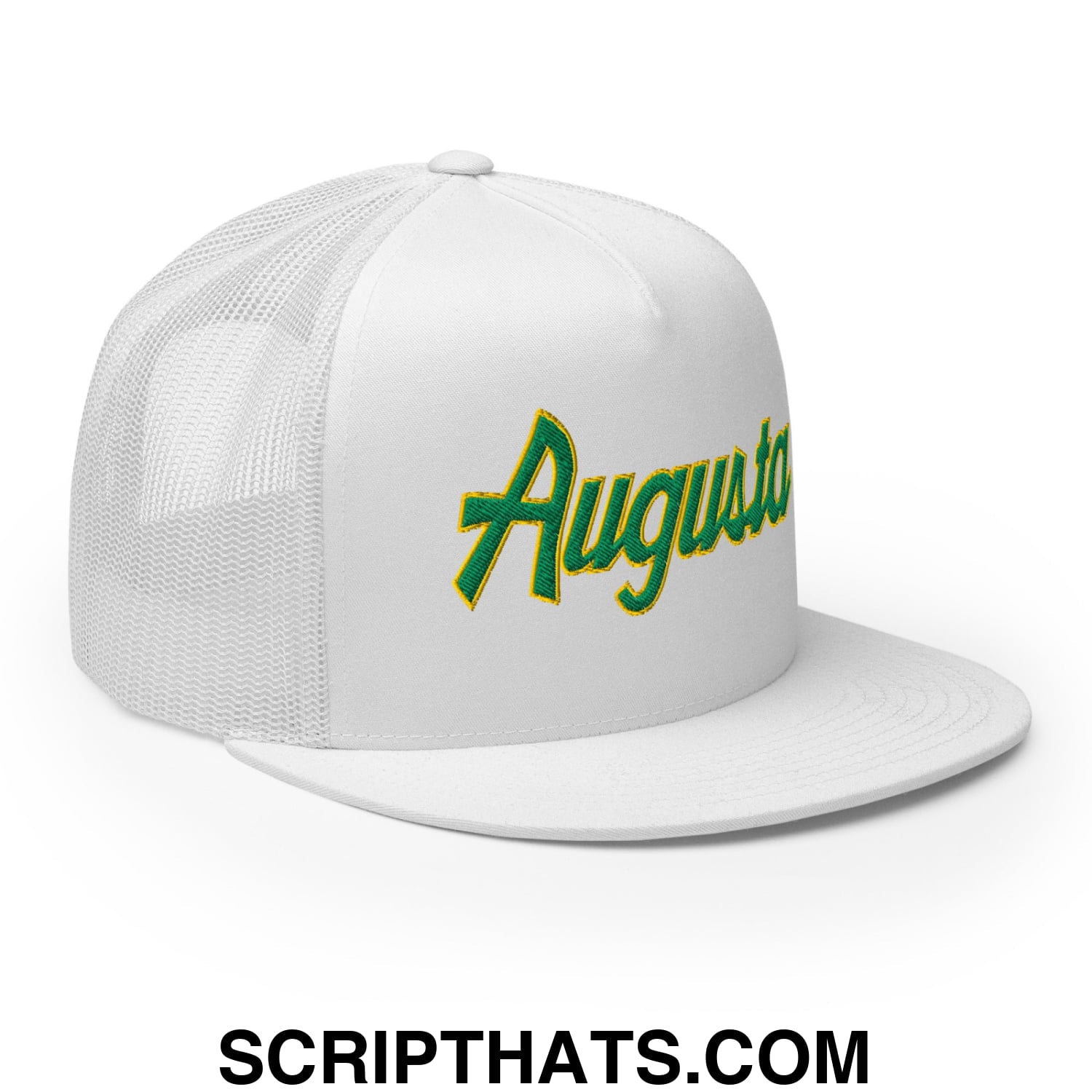 Augusta Vintage Sports Script Embroidered Flat Bill Brim Mesh Trucker Hat White