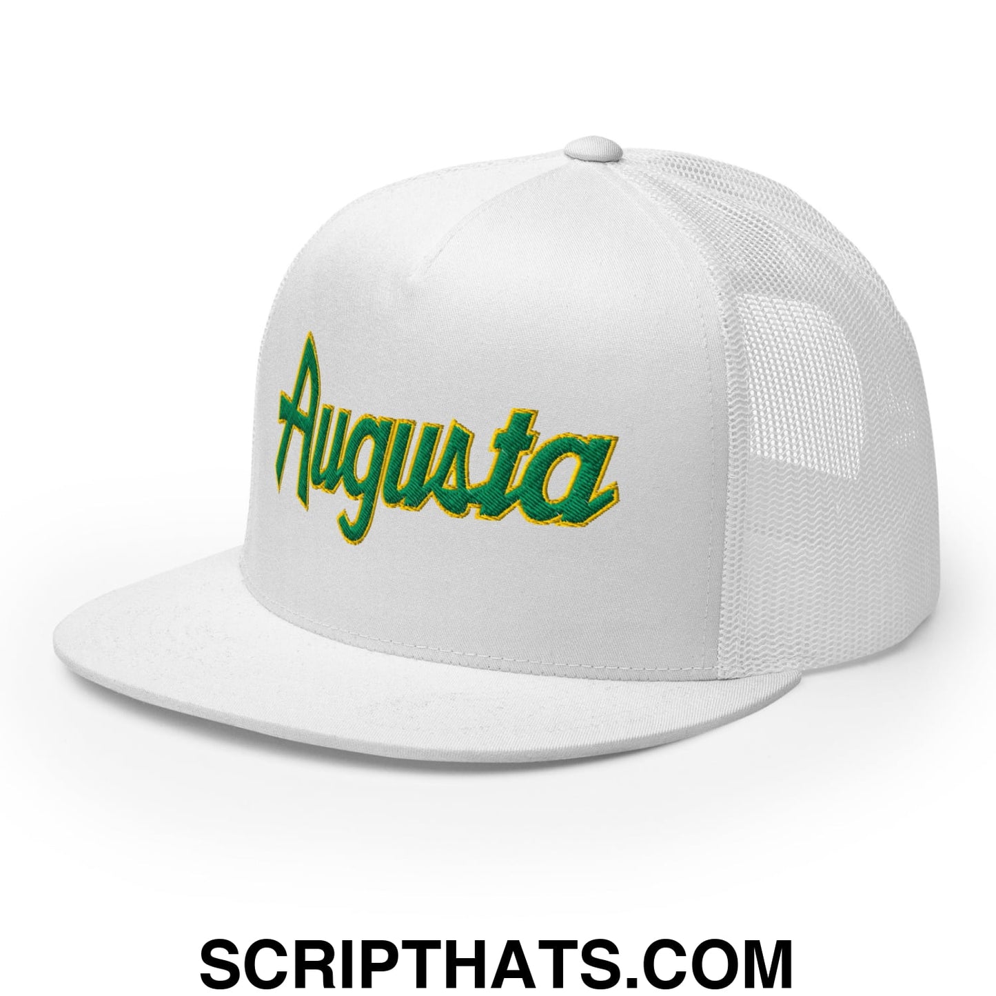 Augusta Vintage Sports Script Embroidered Flat Bill Brim Mesh Trucker Hat White