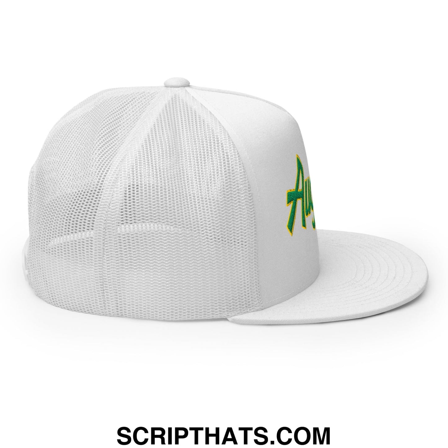 Augusta Vintage Sports Script Embroidered Flat Bill Brim Mesh Trucker Hat White