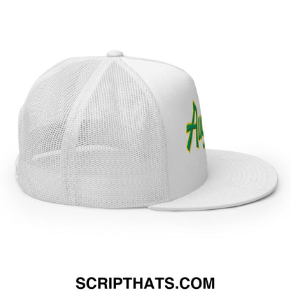 Augusta Vintage Sports Script Embroidered Flat Bill Brim Mesh Trucker Hat White