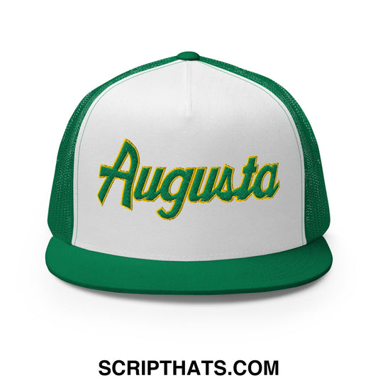 Augusta Vintage Sports Script Embroidered Flat Bill Brim Mesh Trucker Hat Kelly White Kelly