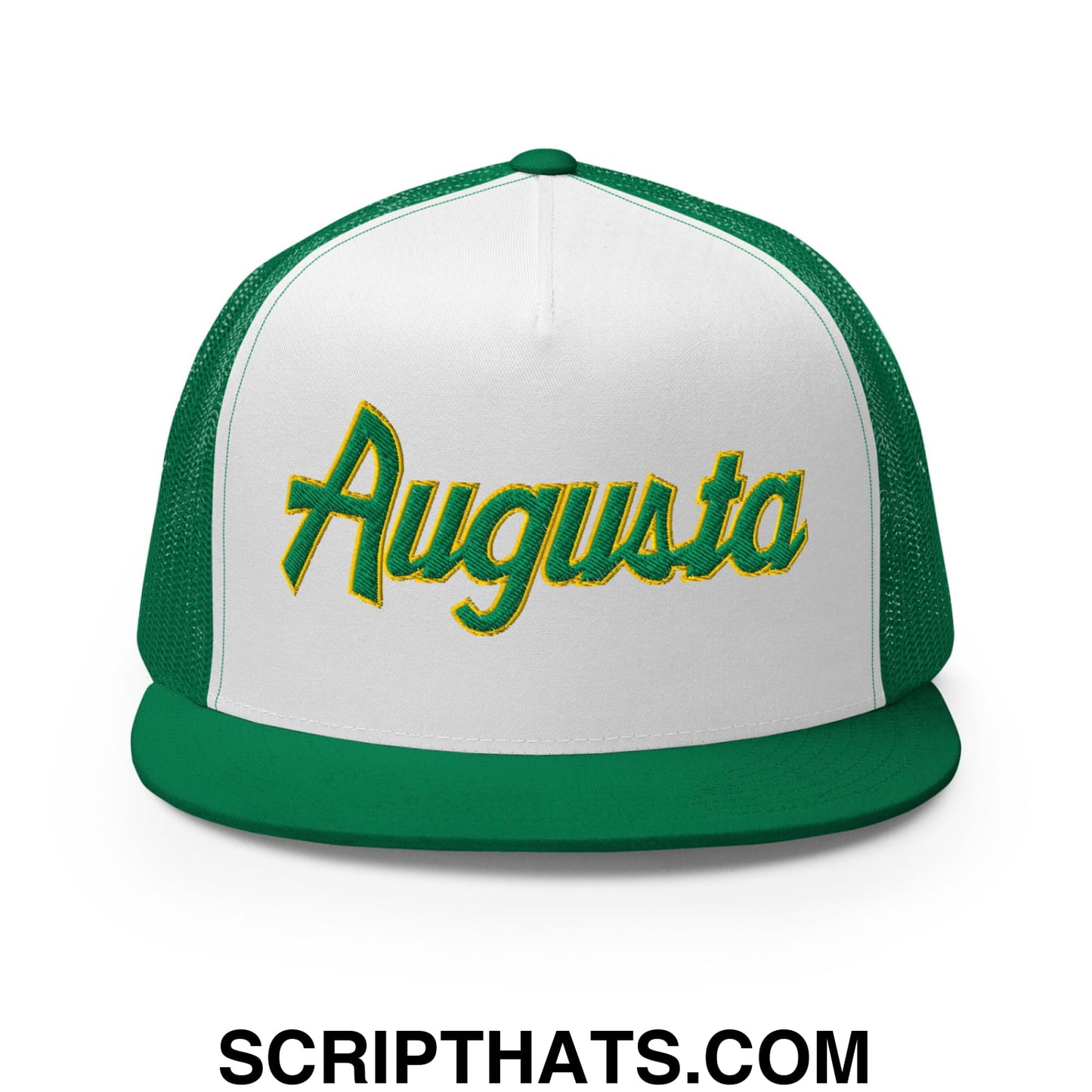 Augusta Vintage Sports Script Embroidered Flat Bill Brim Mesh Trucker Hat Kelly White Kelly