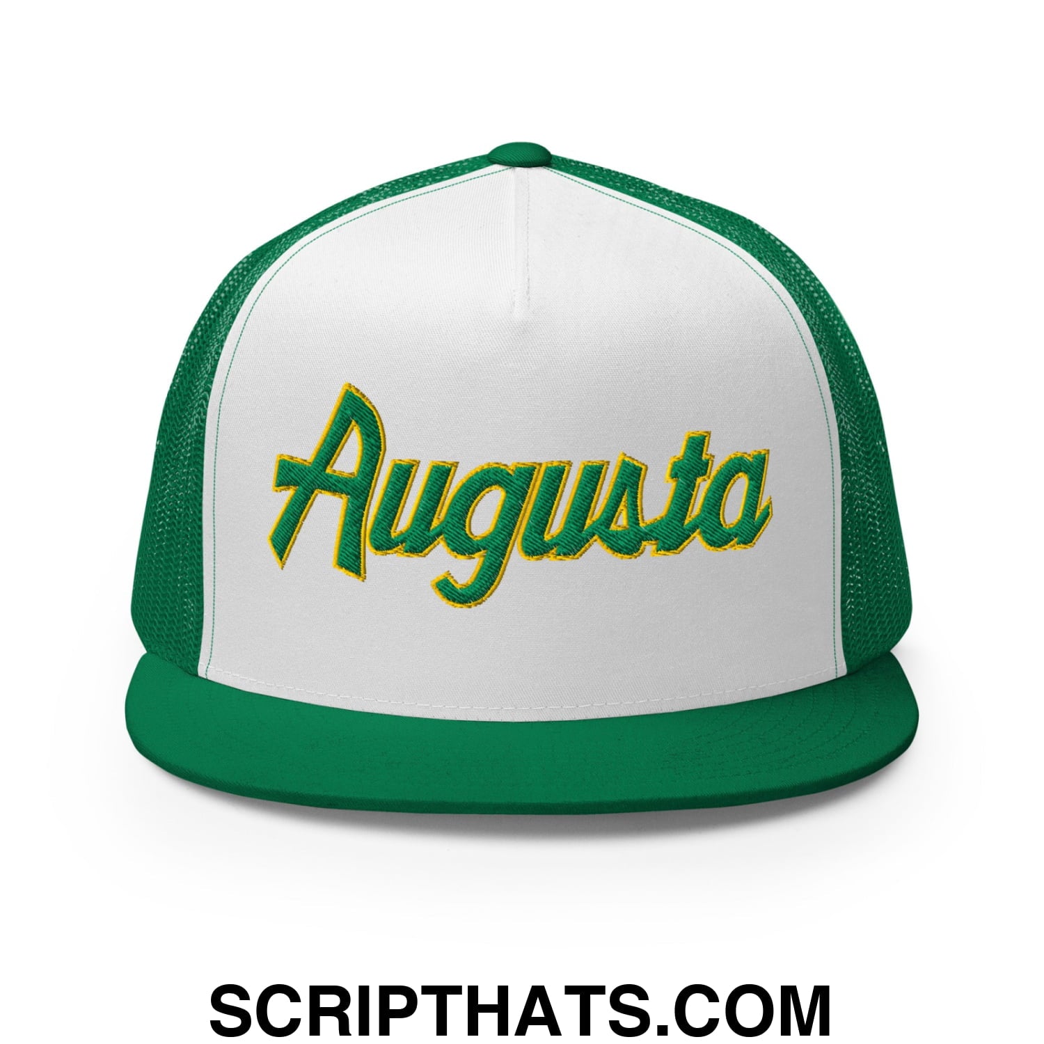 Augusta Vintage Sports Script Embroidered Flat Bill Brim Mesh Trucker Hat Kelly White Kelly