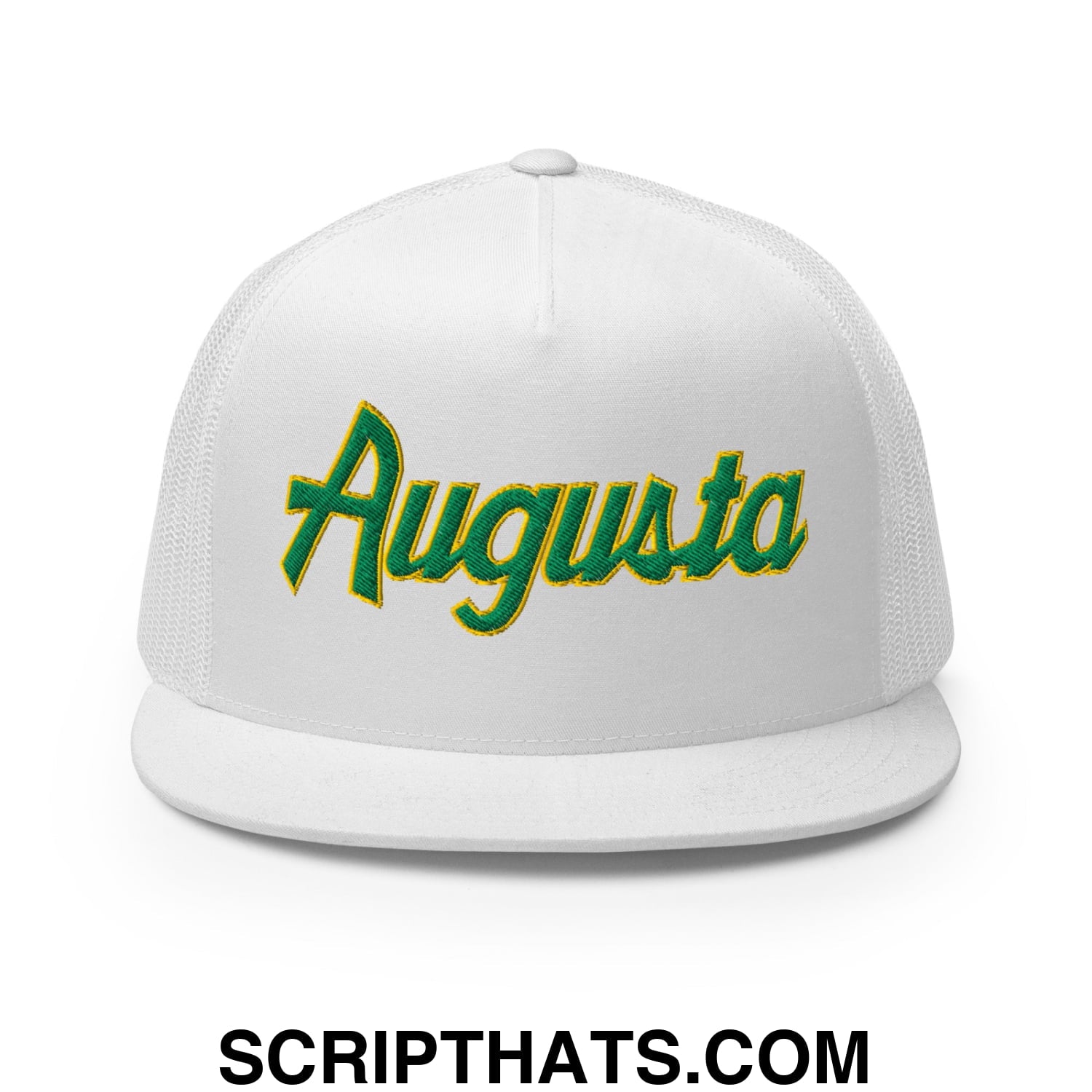 Augusta Vintage Sports Script Embroidered Flat Bill Brim Mesh Trucker Hat White