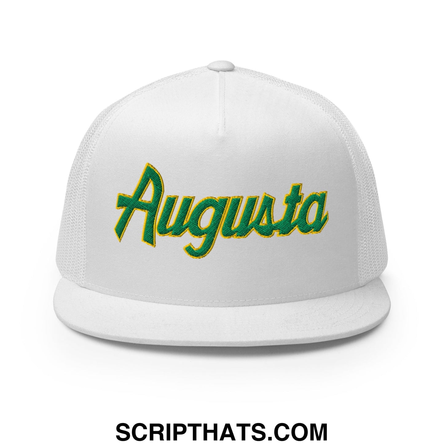Augusta Vintage Sports Script Embroidered Flat Bill Brim Mesh Trucker Hat White