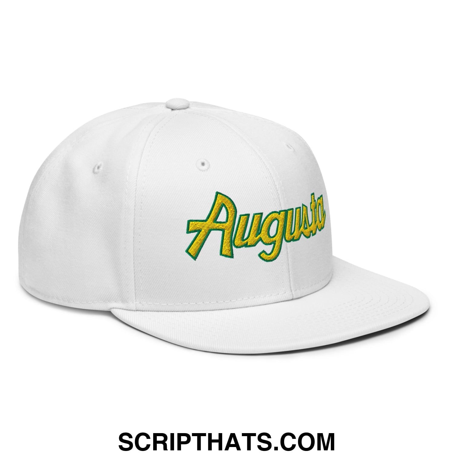 Augusta Vintage Sports Script Embroidered Flat Bill Brim Snapback Hat White