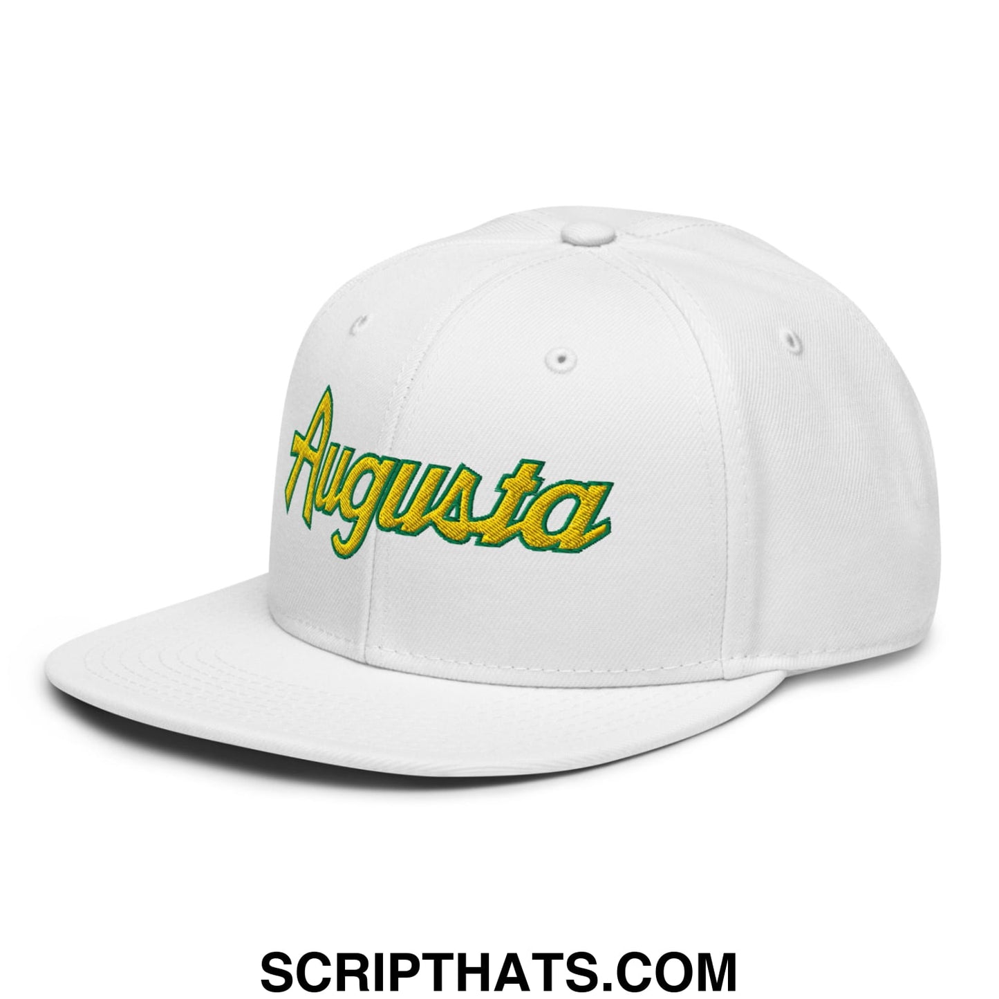 Augusta Vintage Sports Script Embroidered Flat Bill Brim Snapback Hat White