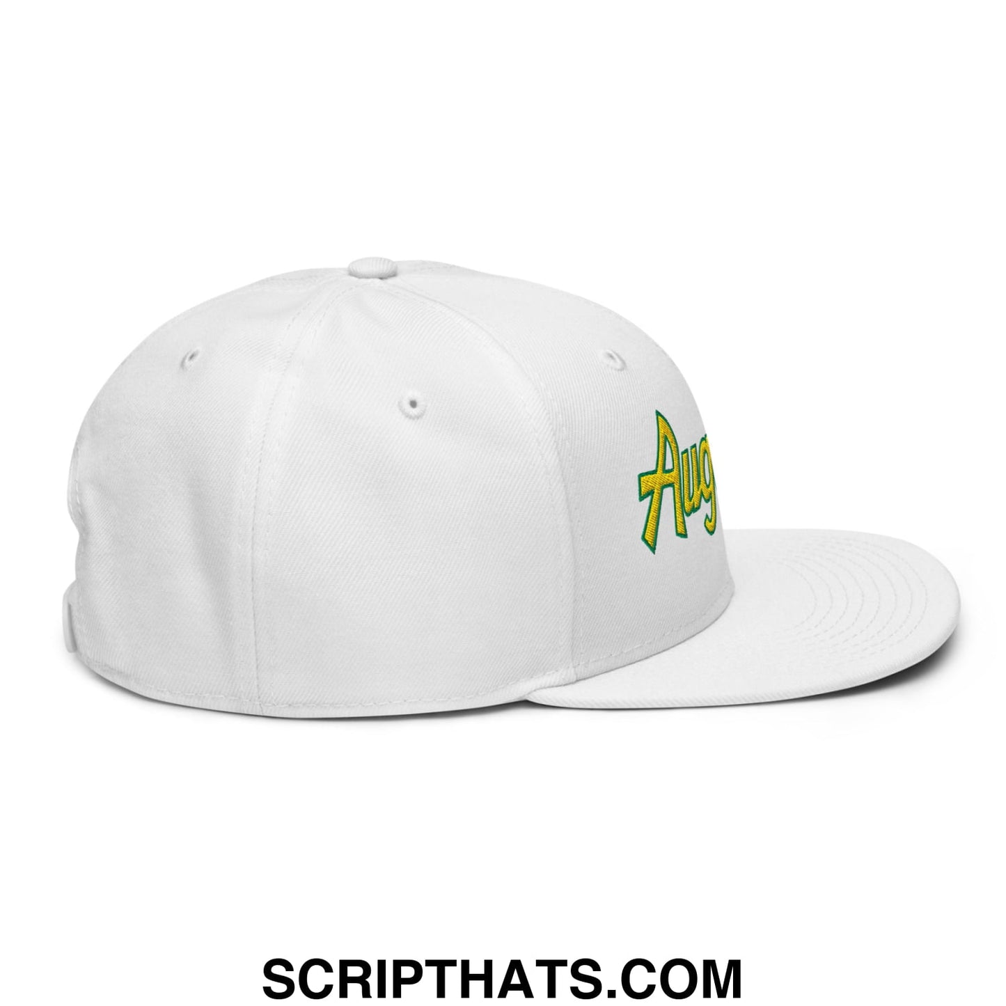 Augusta Vintage Sports Script Embroidered Flat Bill Brim Snapback Hat White