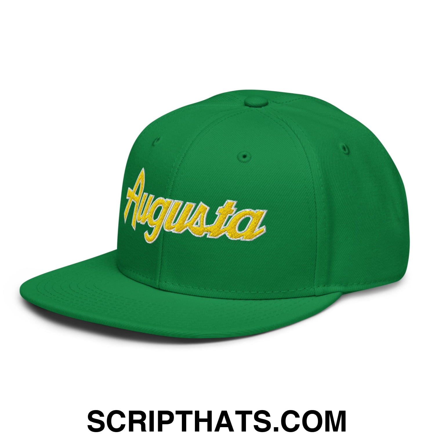 Augusta Vintage Sports Script Embroidered Flat Brim Bill Snapback Hat Kelly Green
