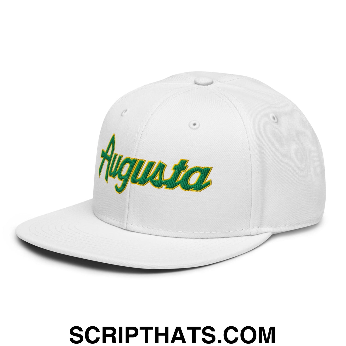 Augusta Vintage Sports Script Embroidered Flat Brim Bill Snapback Hat White