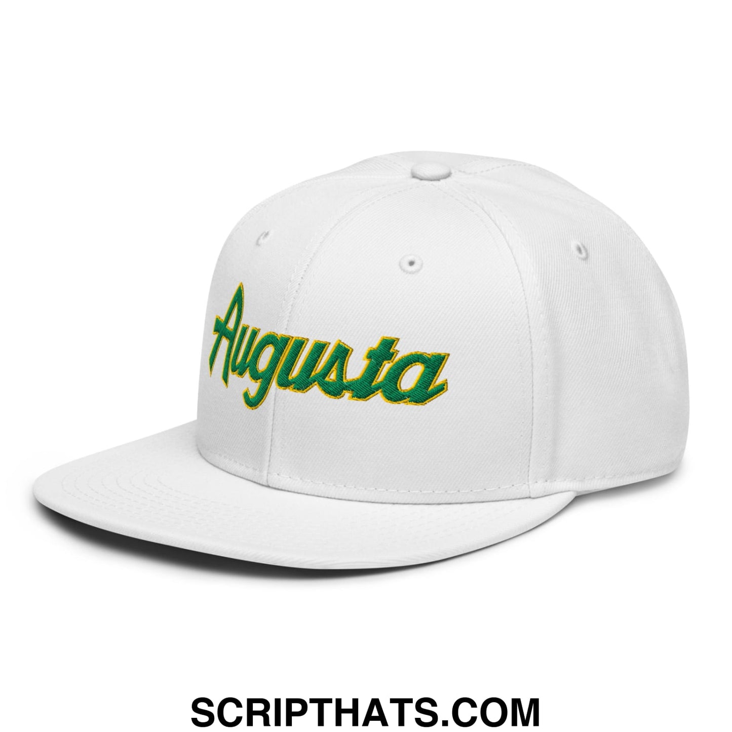 Augusta Vintage Sports Script Embroidered Flat Brim Bill Snapback Hat White