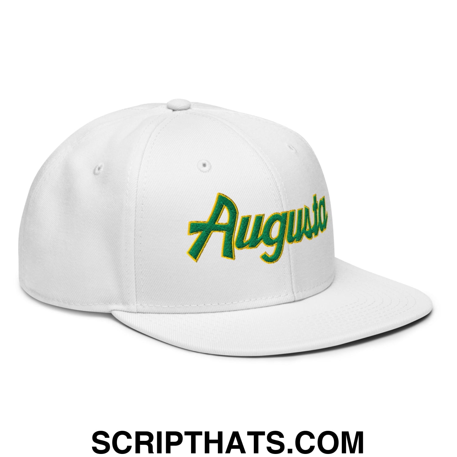 Augusta Vintage Sports Script Embroidered Flat Brim Bill Snapback Hat White