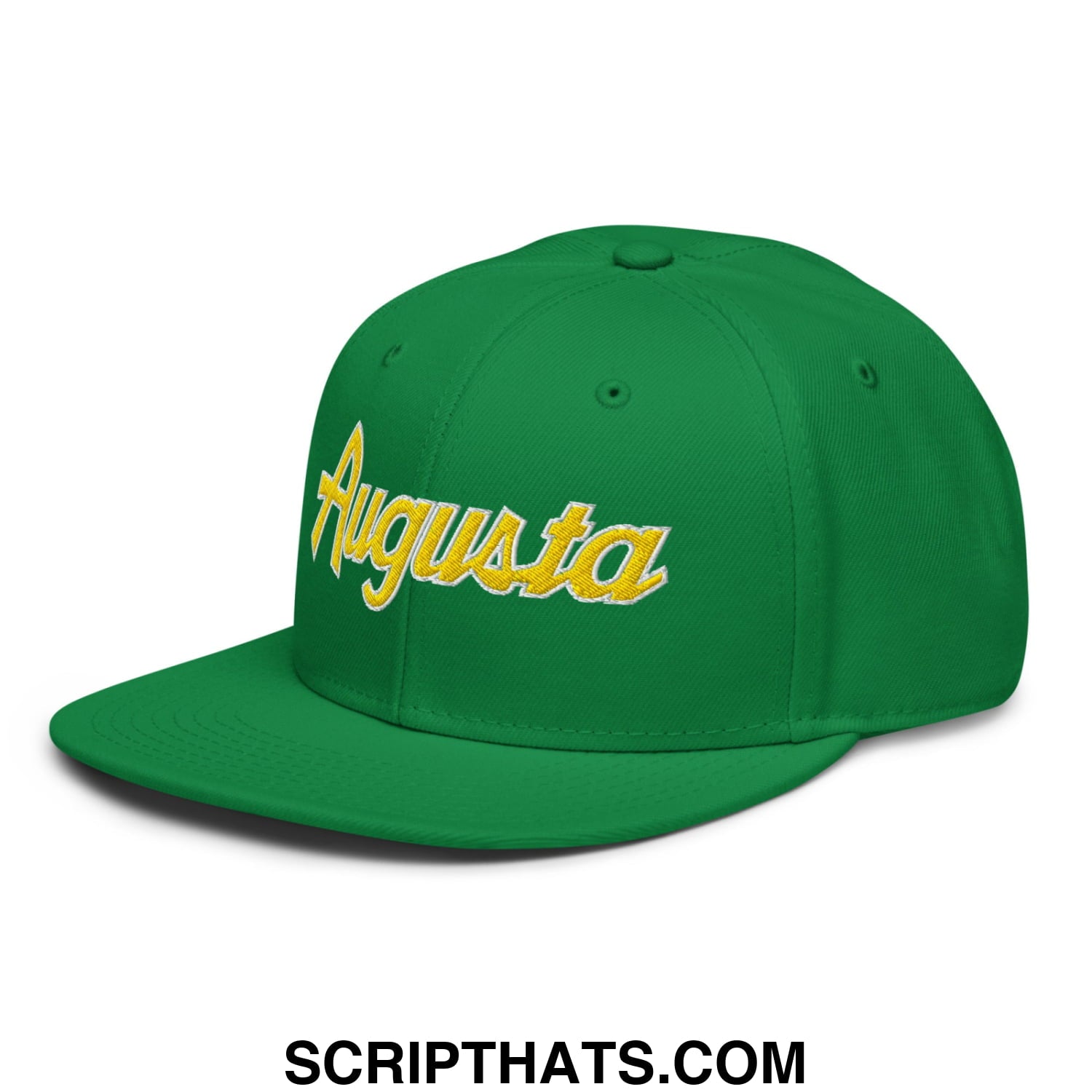Augusta Vintage Sports Script Embroidered Flat Brim Bill Snapback Hat Kelly Green