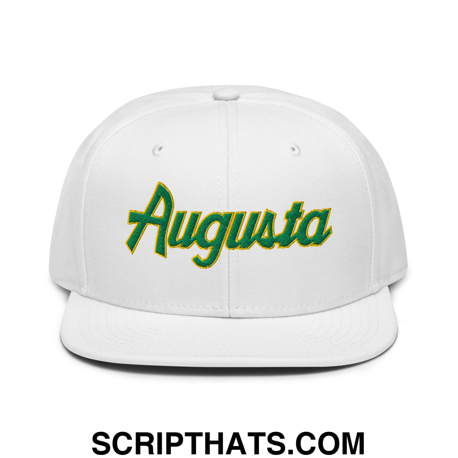 Augusta Vintage Sports Script Embroidered Flat Brim Bill Snapback Hat White
