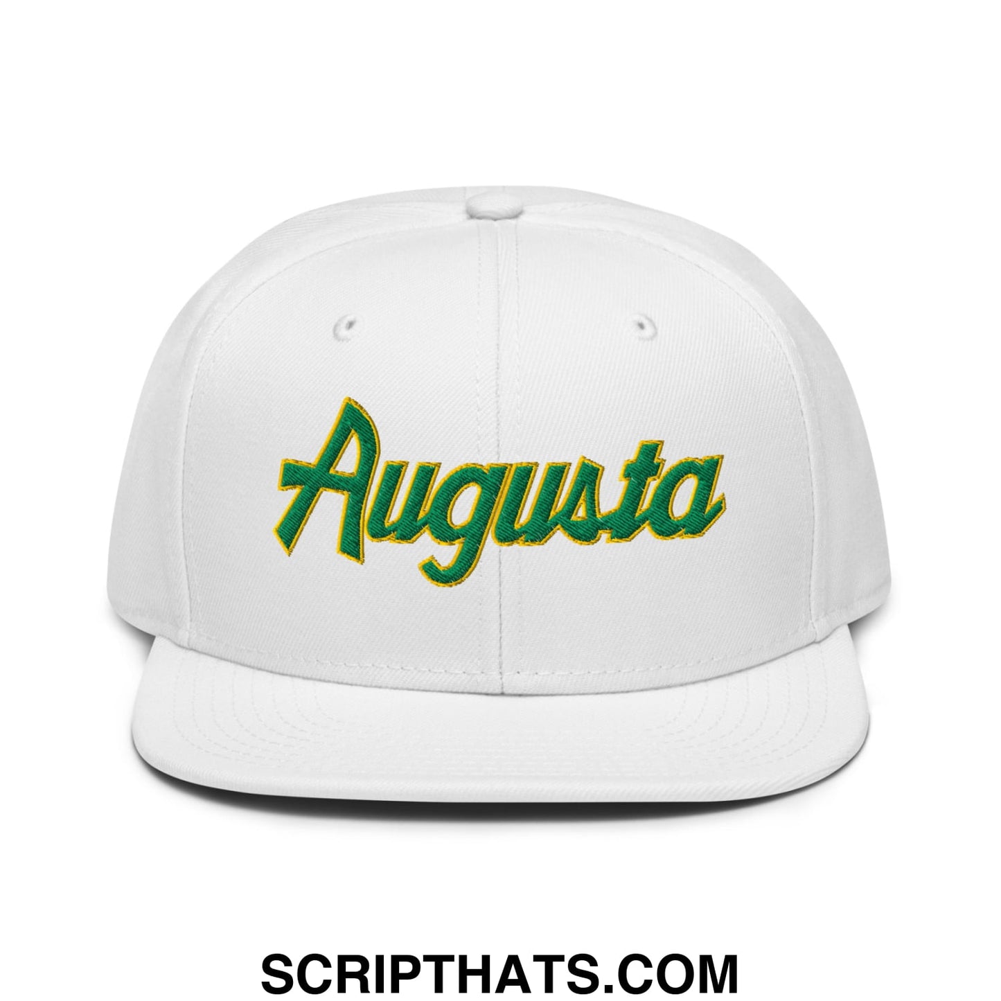 Augusta Vintage Sports Script Embroidered Flat Brim Bill Snapback Hat White