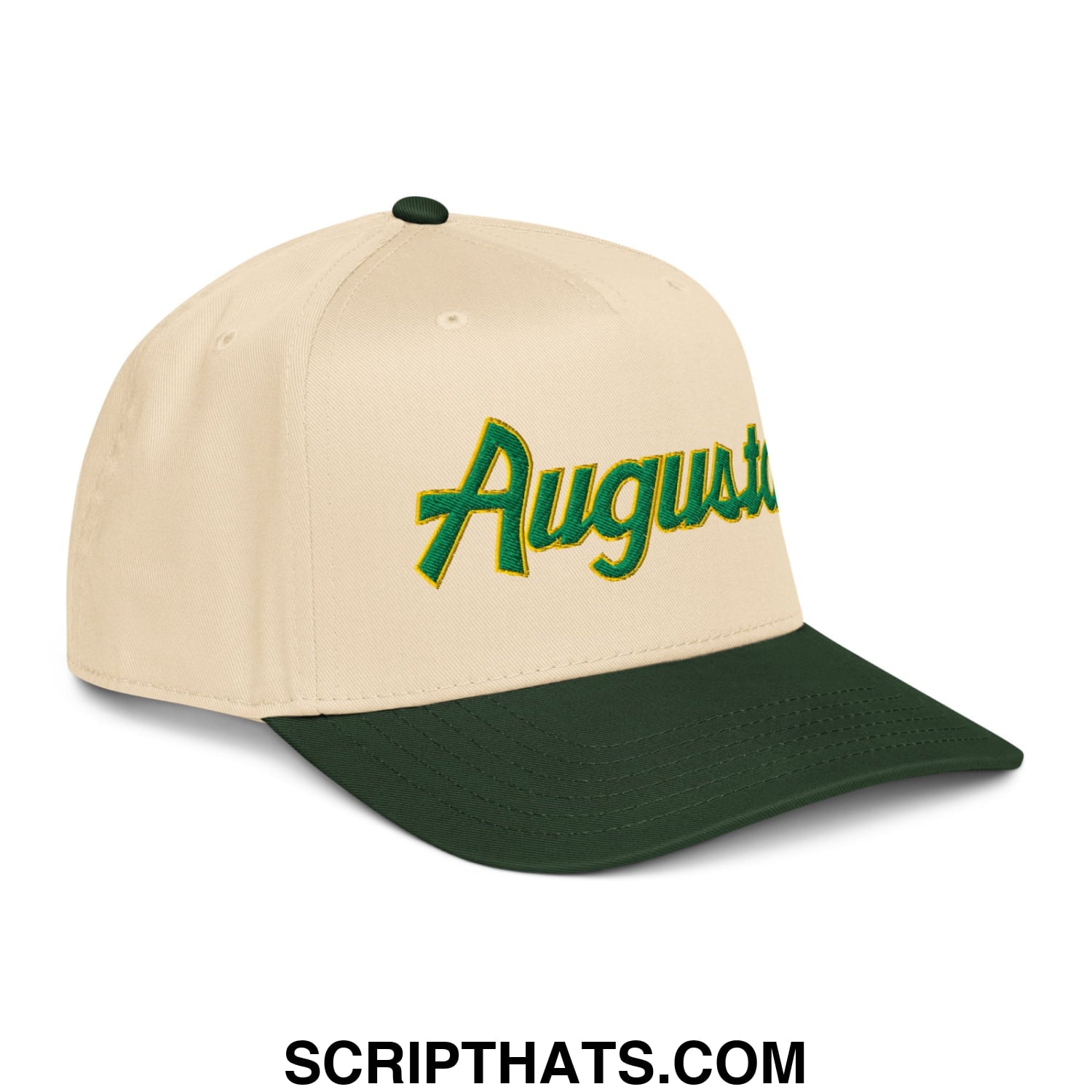 Augusta Vintage Sports Script Embroidered Golf Snapback Hat Dark Green Natural