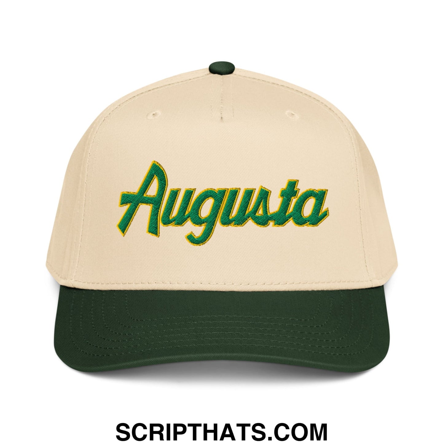 Augusta Vintage Sports Script Embroidered Golf Snapback Hat Dark Green Natural