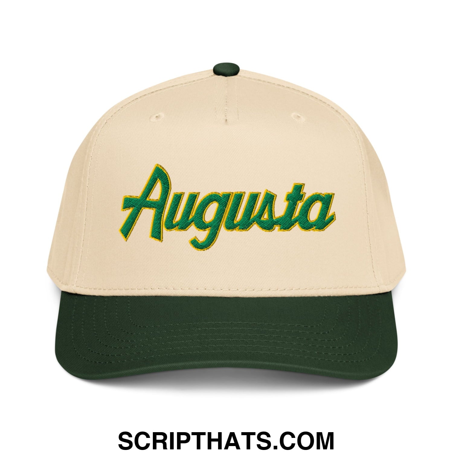 Augusta Vintage Sports Script Embroidered Golf Snapback Hat Dark Green Natural
