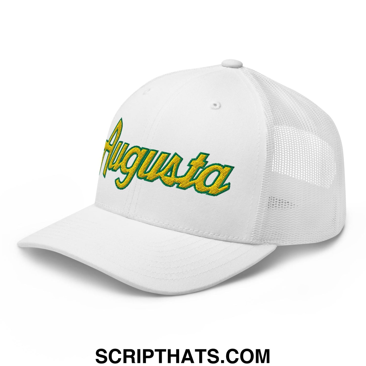 Augusta Vintage Sports Script Embroidered Golf Trucker Hat White