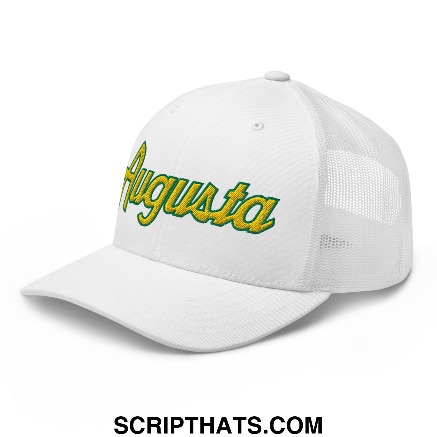 Augusta Vintage Sports Script Embroidered Golf Trucker Hat White