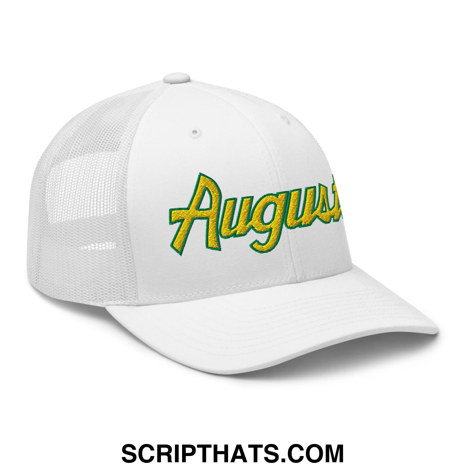 Augusta Vintage Sports Script Embroidered Golf Trucker Hat White