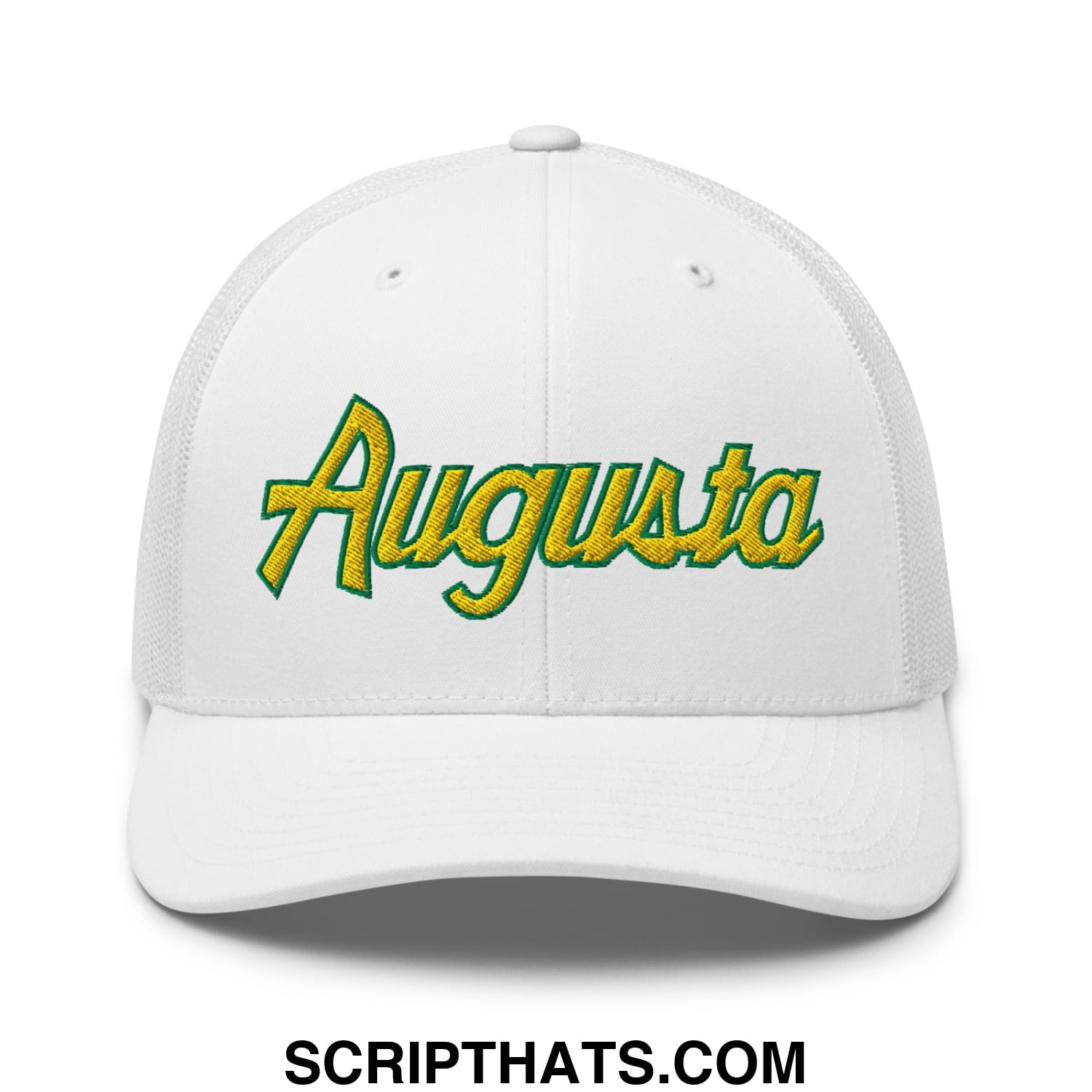 Augusta Vintage Sports Script Embroidered Golf Trucker Hat White