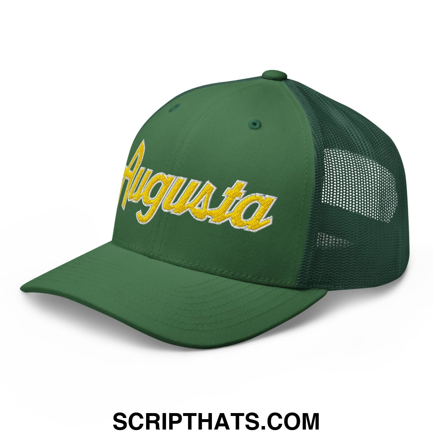 Augusta Vintage Sports Script Embroidered Mesh Trucker Hat Evergreen