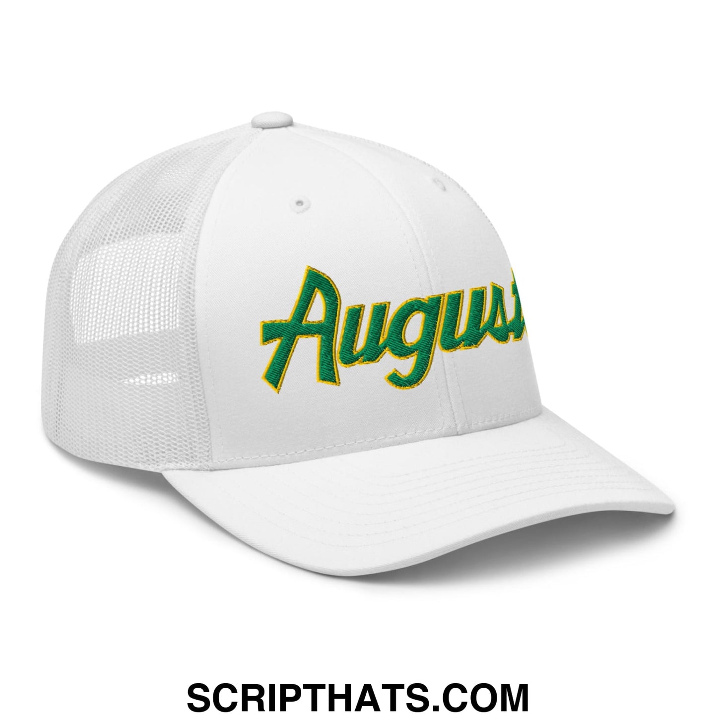Augusta Vintage Sports Script Embroidered Mesh Trucker Hat White