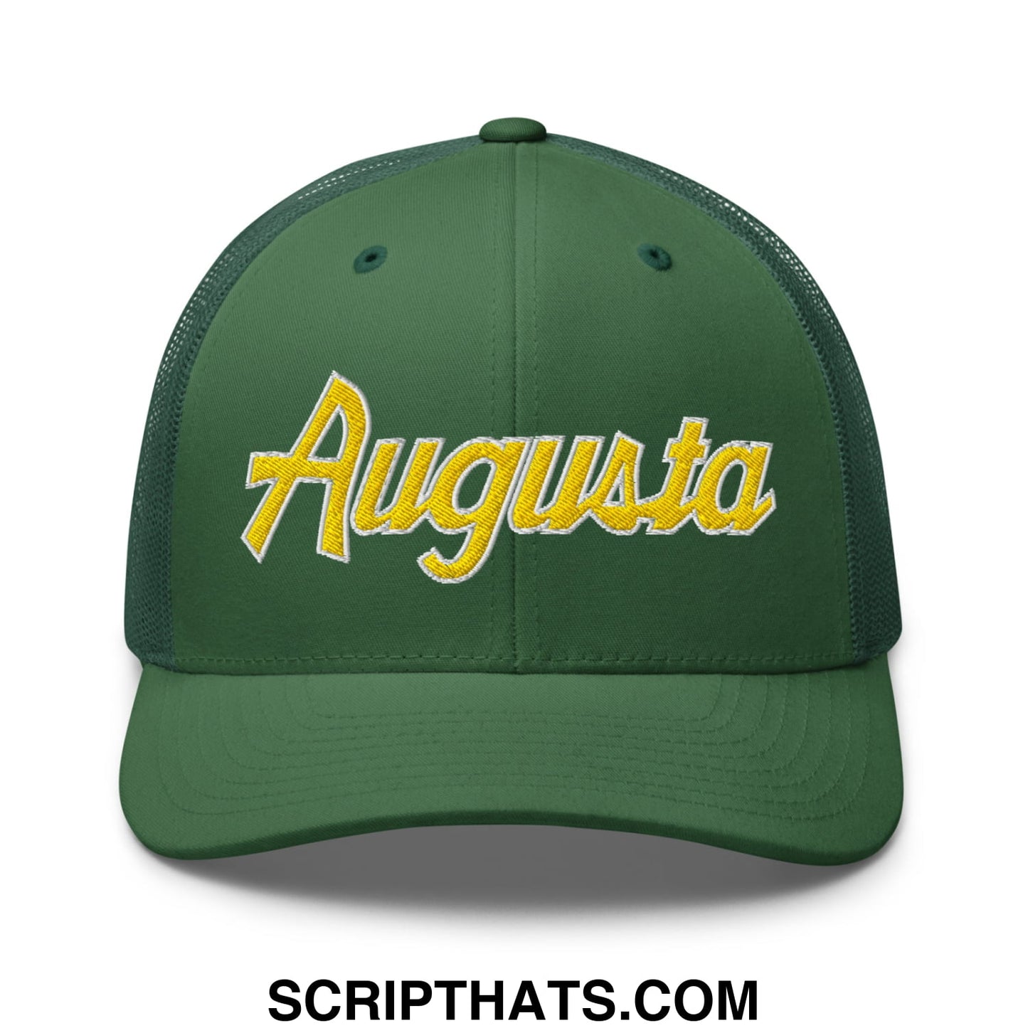 Augusta Vintage Sports Script Embroidered Mesh Trucker Hat Evergreen