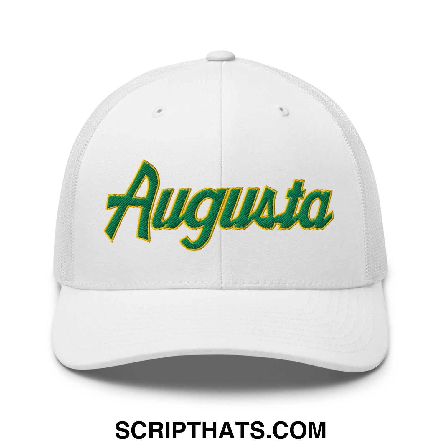 Augusta Vintage Sports Script Embroidered Mesh Trucker Hat White