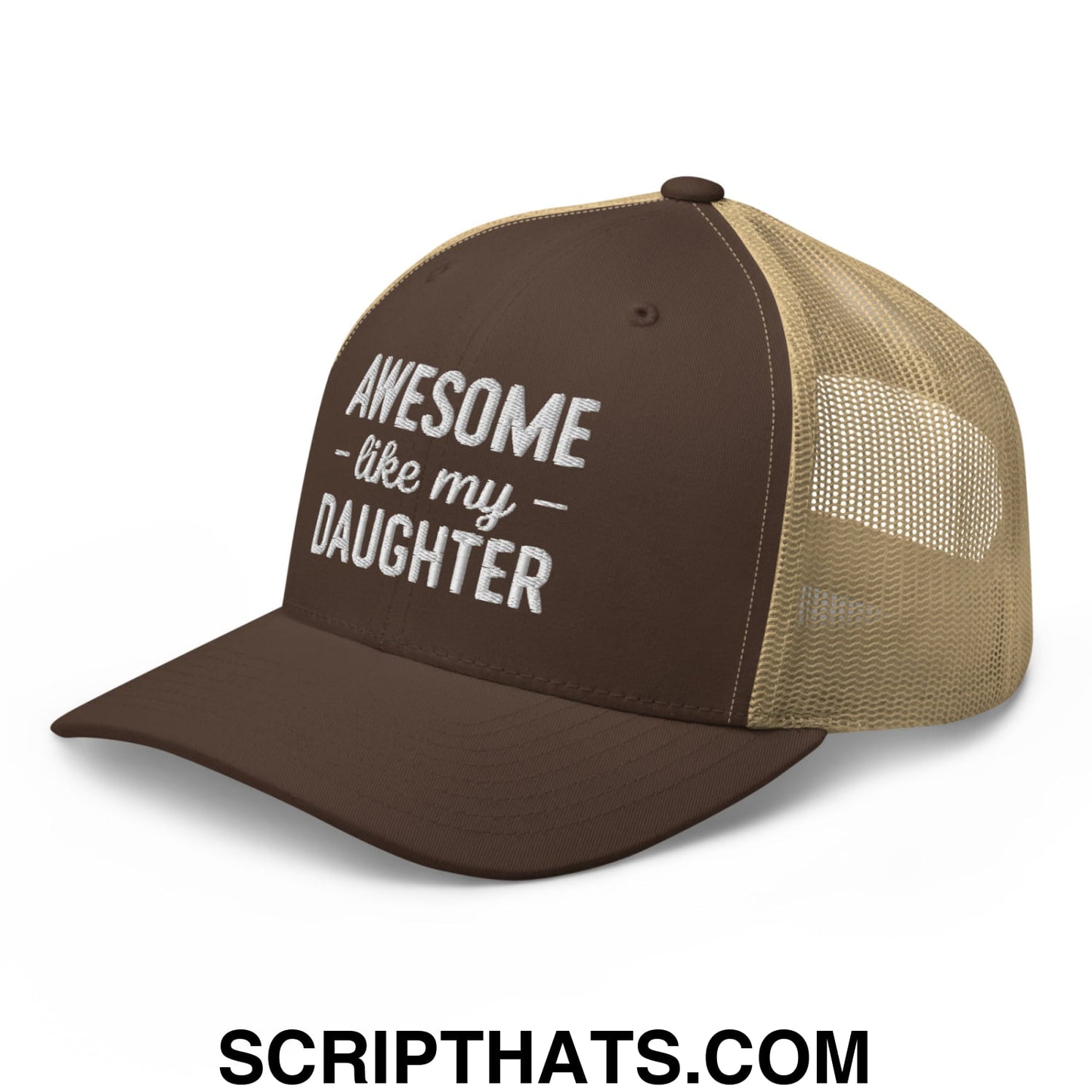Awesome Like My Daughter Embroidered Mesh Trucker Hat Brown Khaki