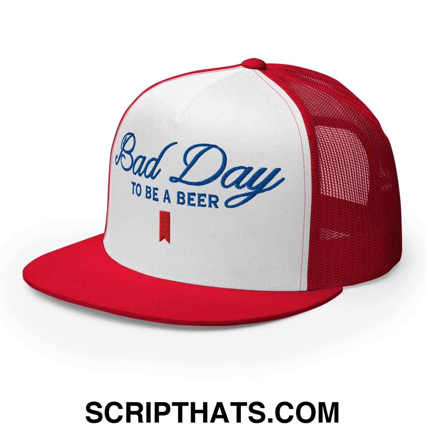 Bad Day to be a Beer Embroidered Flat Bill Brim Mesh Trucker Hat Red White Red