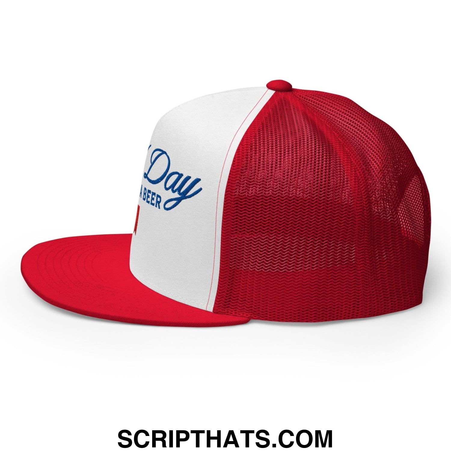 Bad Day to be a Beer Embroidered Flat Bill Brim Mesh Trucker Hat Red White Red