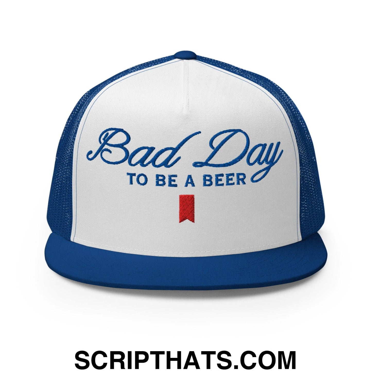 Bad Day to be a Beer Embroidered Flat Bill Brim Mesh Trucker Hat Royal White Royal