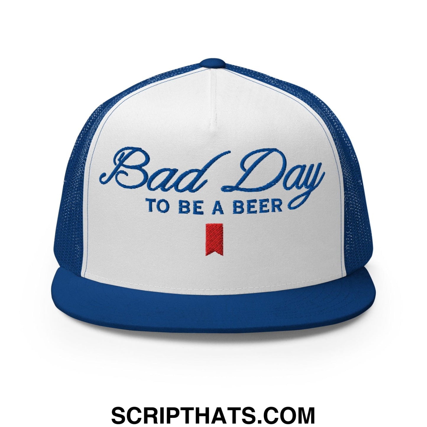 Bad Day to be a Beer Embroidered Flat Bill Brim Mesh Trucker Hat Royal White Royal