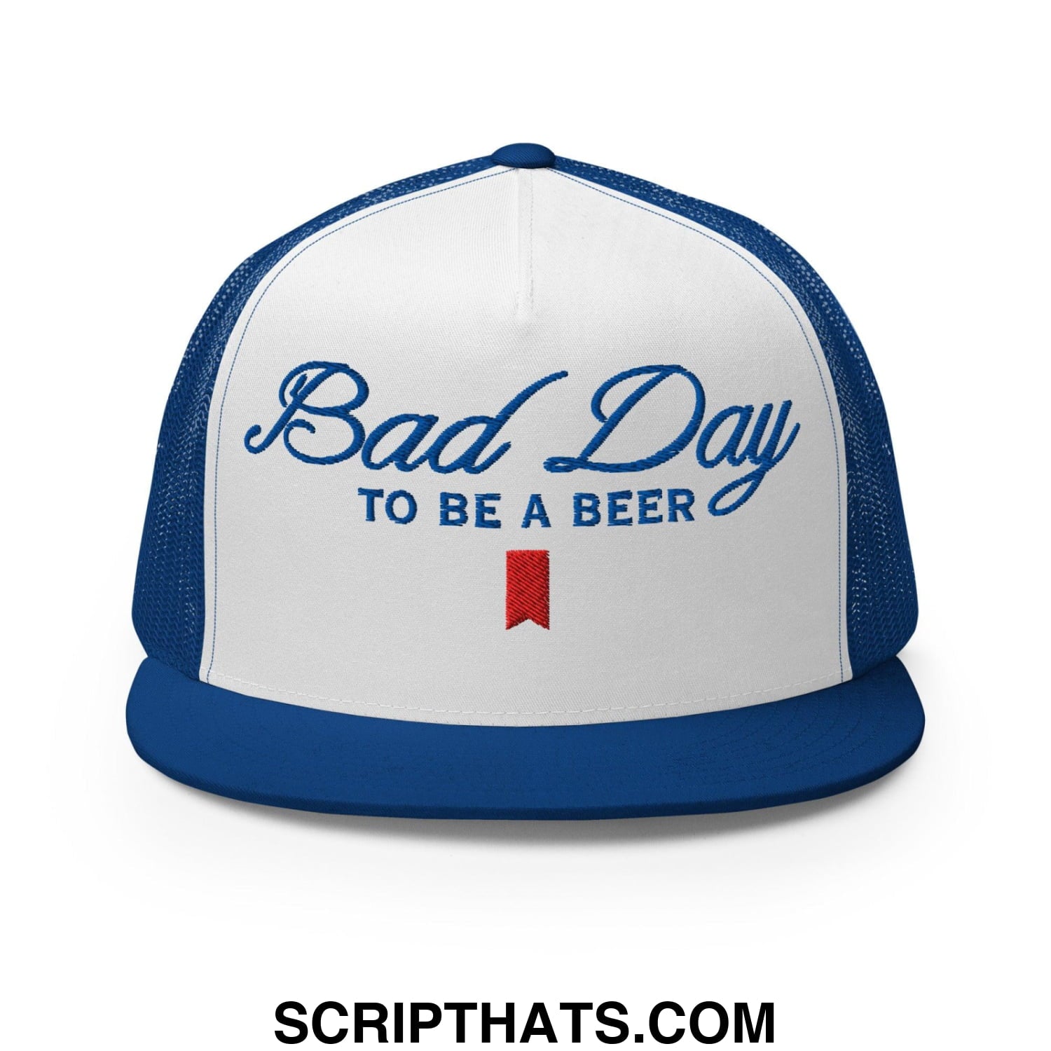 Bad Day to be a Beer Embroidered Flat Bill Brim Mesh Trucker Hat Royal White Royal