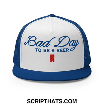 Bad Day to be a Beer Embroidered Flat Bill Brim Mesh Trucker Hat Royal White Royal
