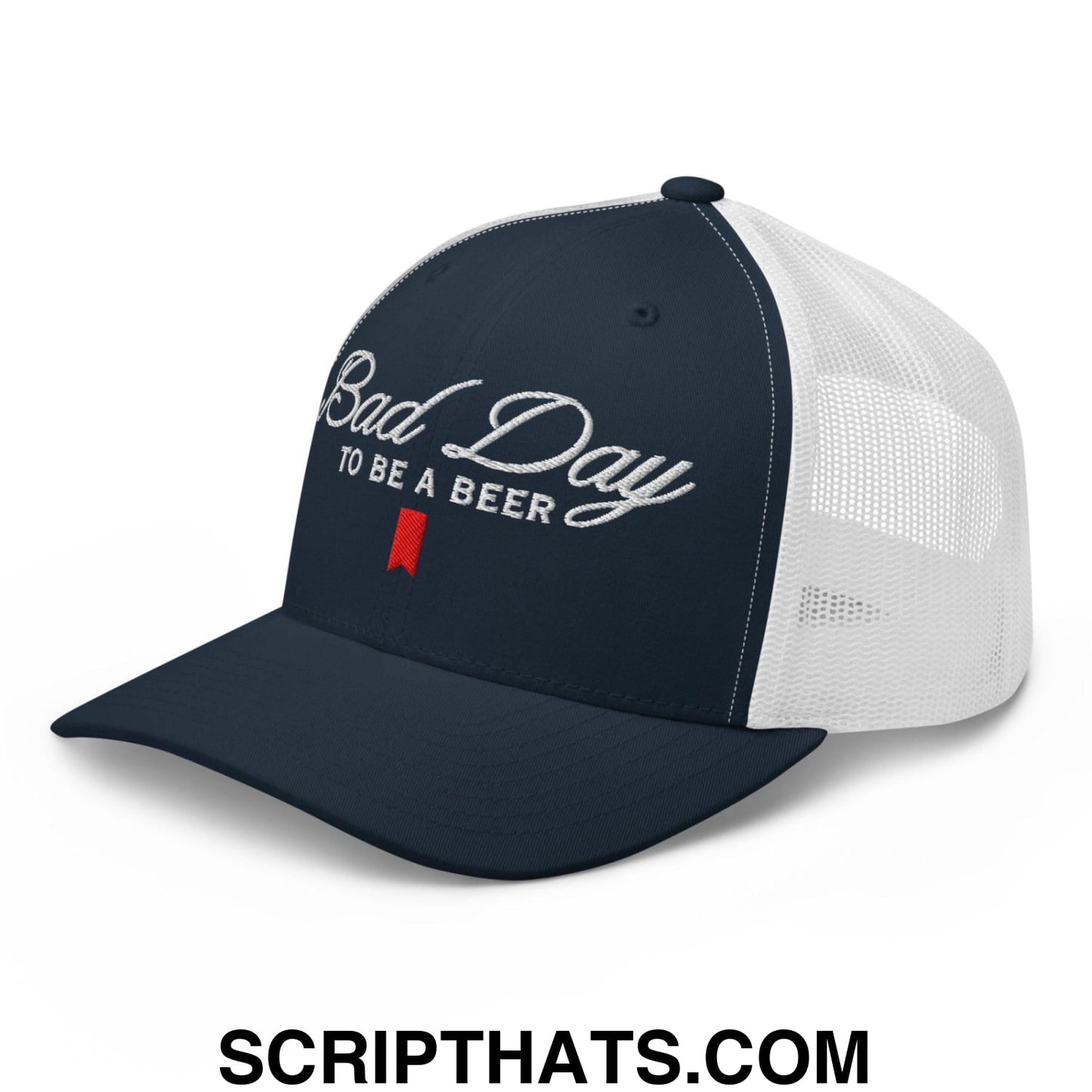 Bad Day to be a Beer Embroidered Mesh Trucker Hat Blue Navy White