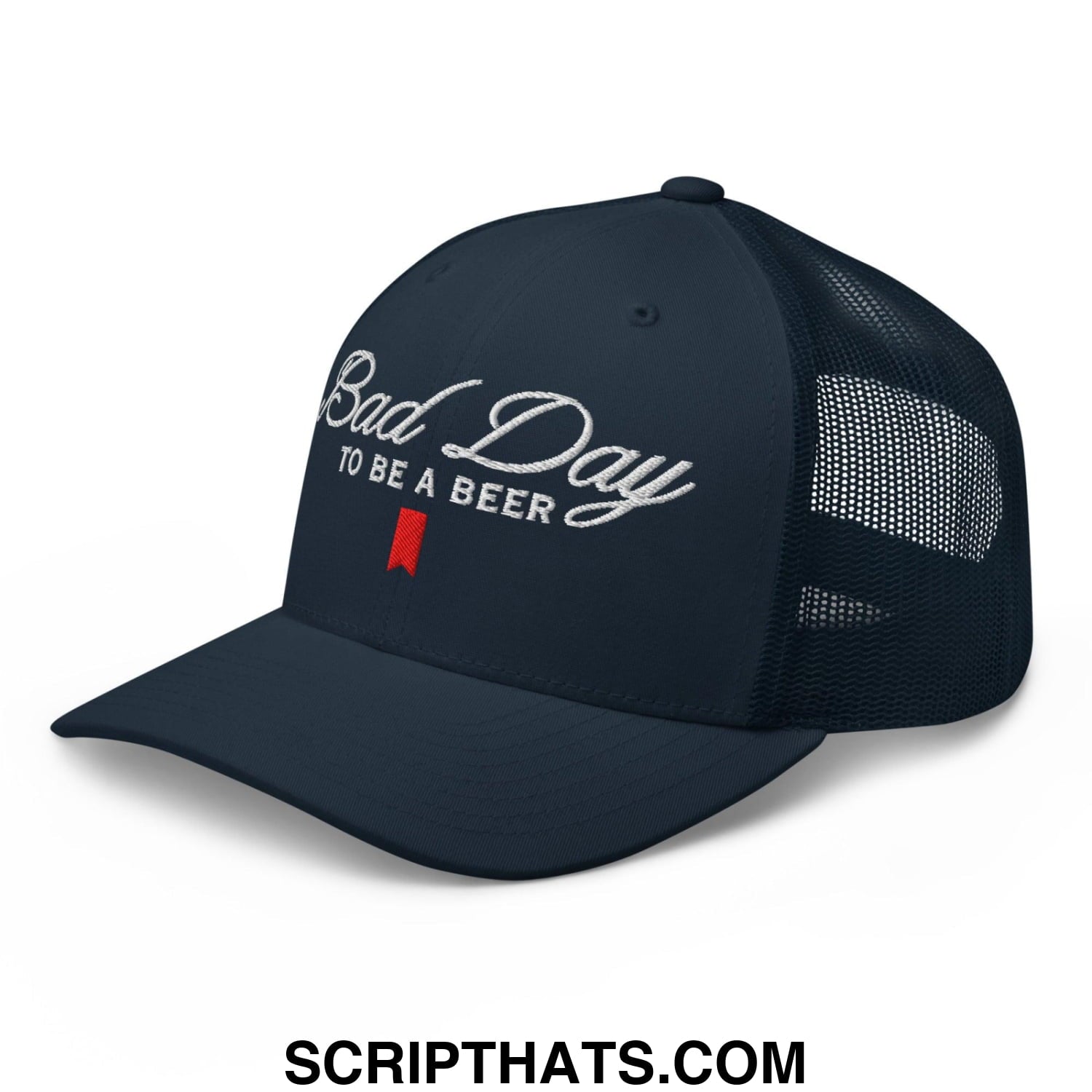 Bad Day to be a Beer Embroidered Mesh Trucker Hat Blue Navy