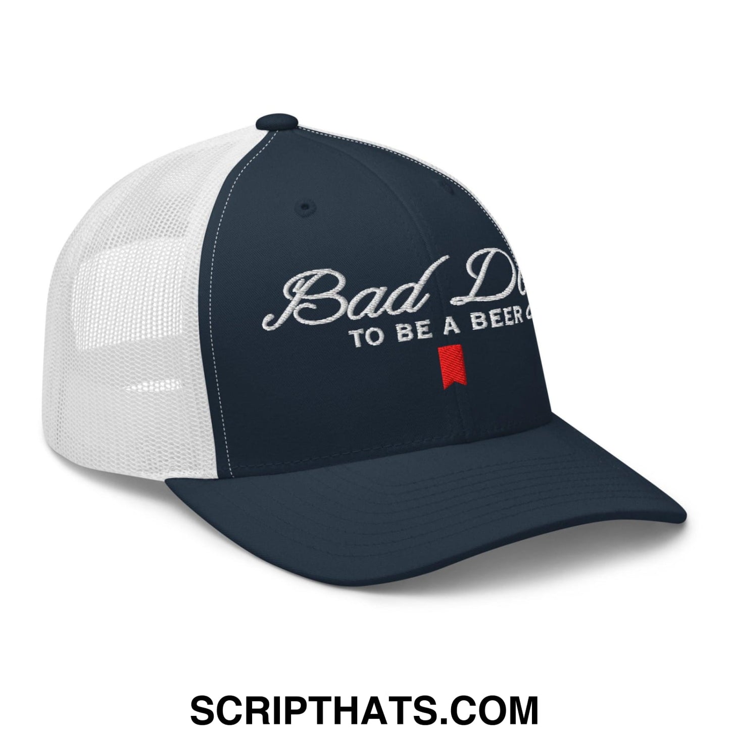 Bad Day to be a Beer Embroidered Mesh Trucker Hat Blue Navy White