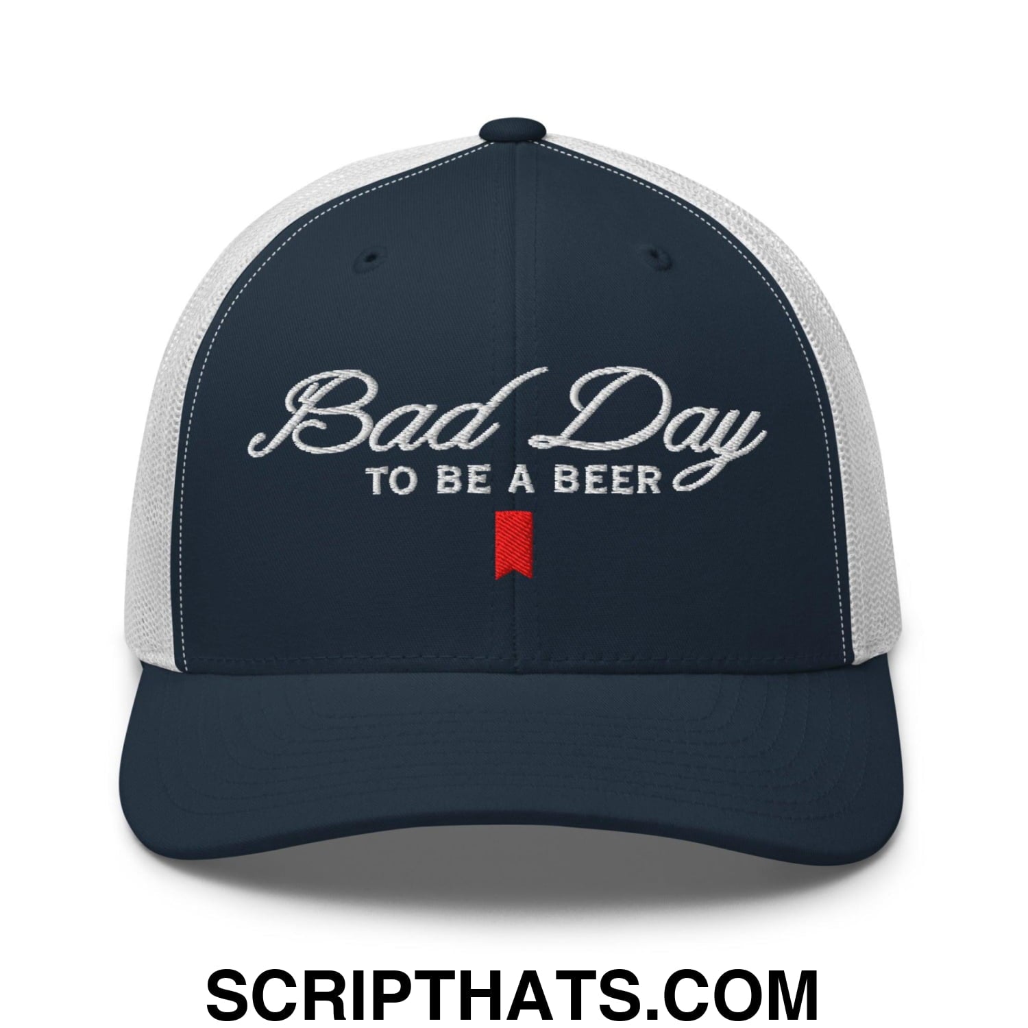 Bad Day to be a Beer Embroidered Mesh Trucker Hat Blue Navy White