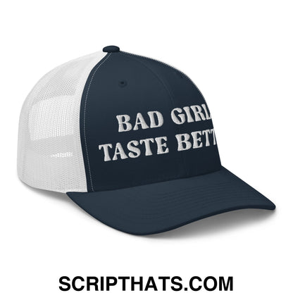Bad Girls Taste Better Embroidered Mesh Trucker Hat Navy White