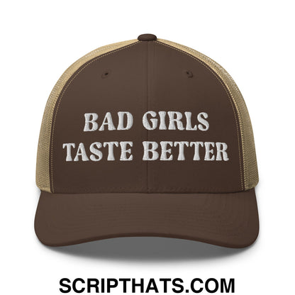 Bad Girls Taste Better Embroidered Mesh Trucker Hat Brown Khaki